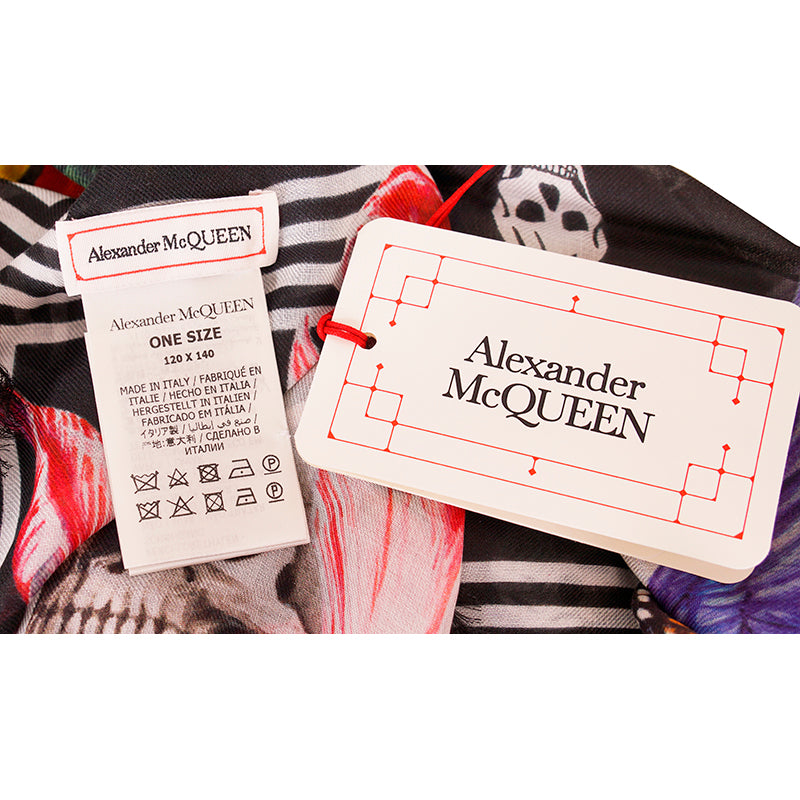 NEW $590 ALEXANDER MCQUEEN Black White BIKER SKULL FUN FONTS 100% Model SCARF