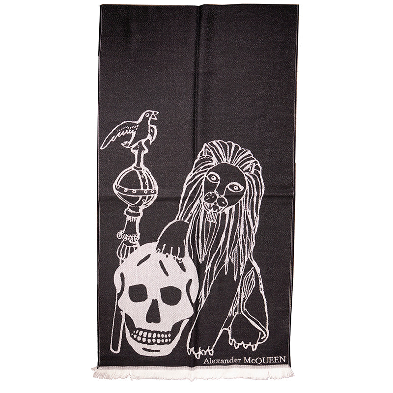 NEW $695 ALEXANDER MCQUEEN Black OVERSIZE ROYAL SKULL Lion Snake 100% Wool SCARF