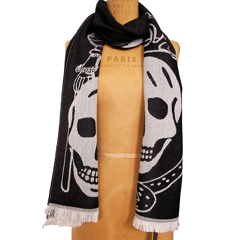 NEW $695 ALEXANDER MCQUEEN Black OVERSIZE ROYAL SKULL Lion Snake 100% Wool SCARF