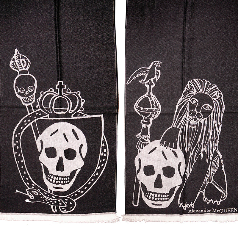 NEW $695 ALEXANDER MCQUEEN Black OVERSIZE ROYAL SKULL Lion Snake 100% Wool SCARF