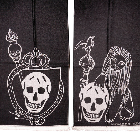 NEW $695 ALEXANDER MCQUEEN Black OVERSIZE ROYAL SKULL Lion Snake 100% Wool SCARF