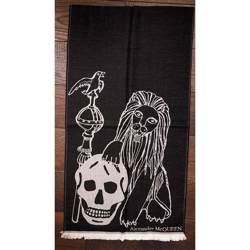 NEW $695 ALEXANDER MCQUEEN Black OVERSIZE ROYAL SKULL Lion Snake 100% Wool SCARF