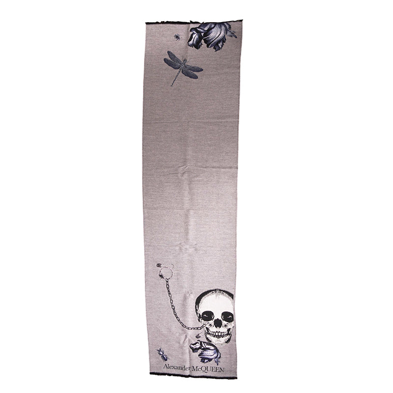 NEW $695 ALEXANDER MCQUEEN Gray MOONLIGHT BOTANICAL BELL JAR Wool Blend SCARF