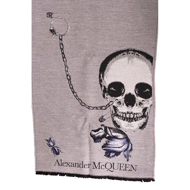 NEW $695 ALEXANDER MCQUEEN Gray MOONLIGHT BOTANICAL BELL JAR Wool Blend SCARF