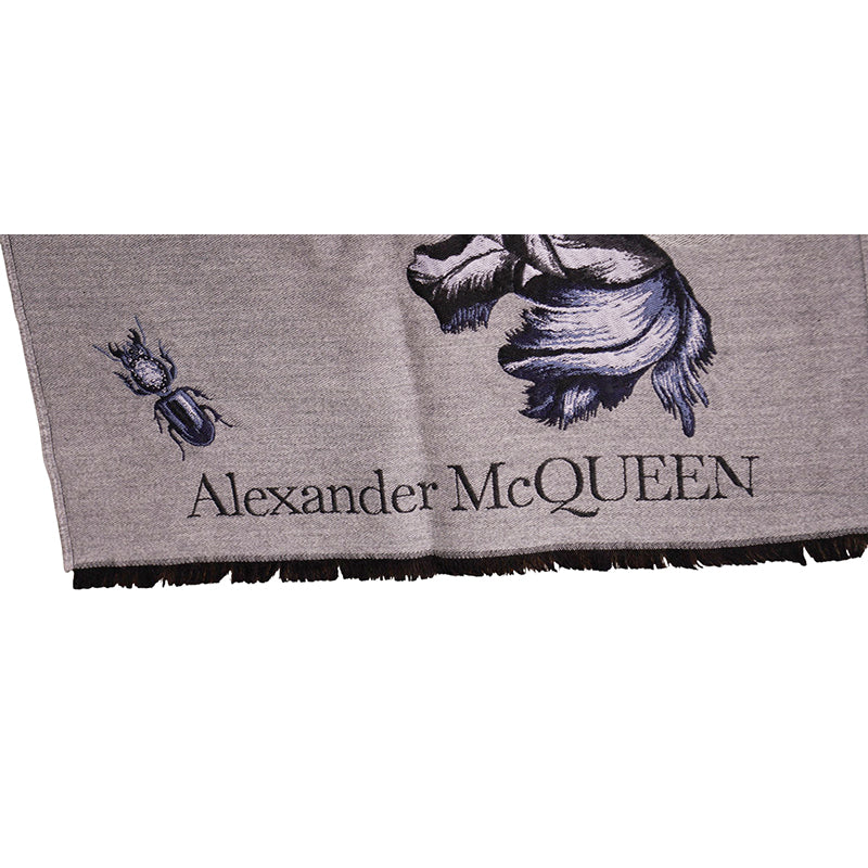 NEW $695 ALEXANDER MCQUEEN Gray MOONLIGHT BOTANICAL BELL JAR Wool Blend SCARF