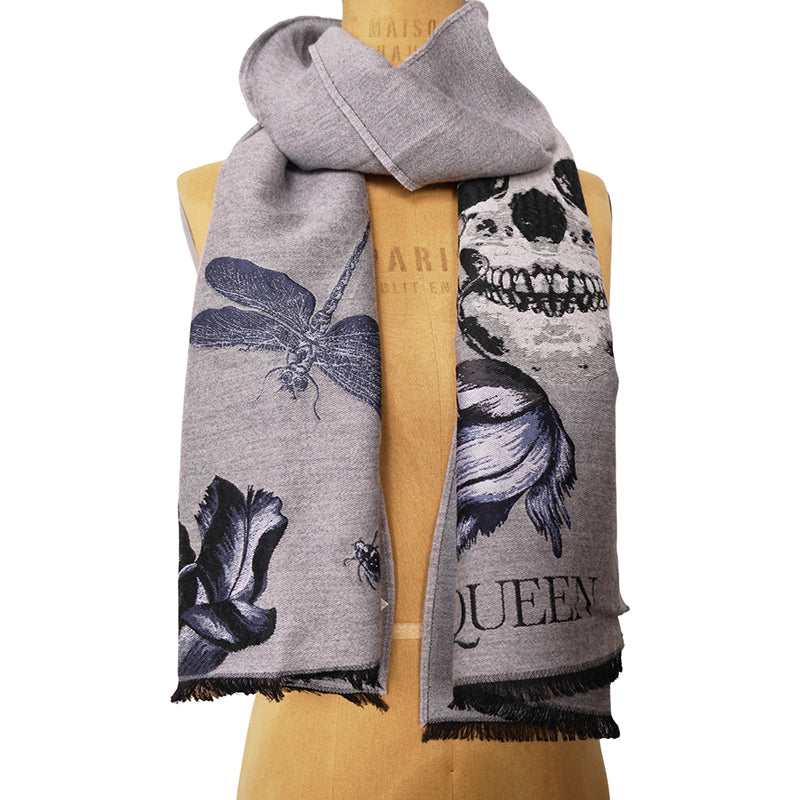 NEW $695 ALEXANDER MCQUEEN Gray MOONLIGHT BOTANICAL BELL JAR Wool Blend SCARF