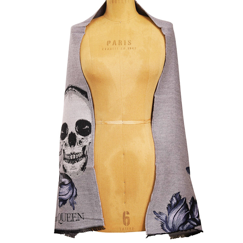 NEW $695 ALEXANDER MCQUEEN Gray MOONLIGHT BOTANICAL BELL JAR Wool Blend SCARF