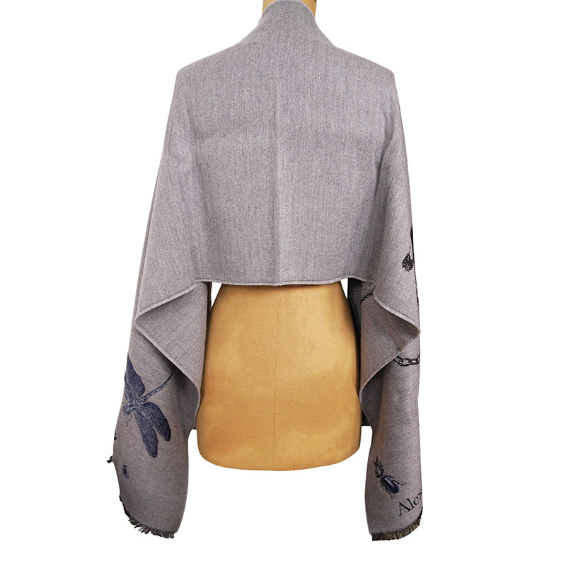 NEW $695 ALEXANDER MCQUEEN Gray MOONLIGHT BOTANICAL BELL JAR Wool Blend SCARF