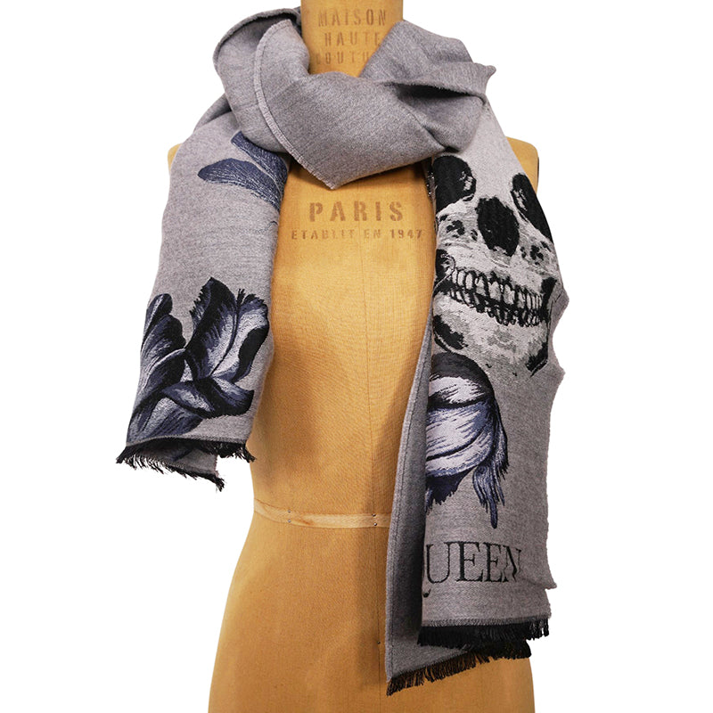 NEW $695 ALEXANDER MCQUEEN Gray MOONLIGHT BOTANICAL BELL JAR Wool Blend SCARF