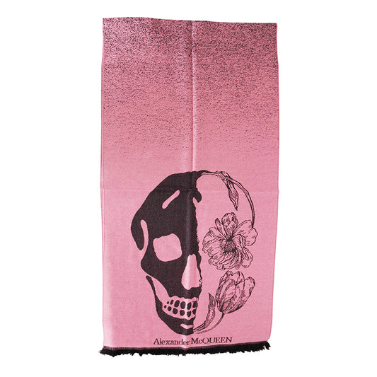 NEW $595 ALEXANDER MCQUEEN Pink Black OVERSIZE Flower SKULL 100% Wool SCARF NWT