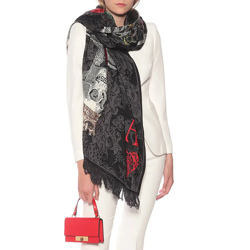 NEW $1080 ALEXANDER MCQUEEN Skull QUEEN OF HEART SKELETON BUTTERFLY Wool SCARF