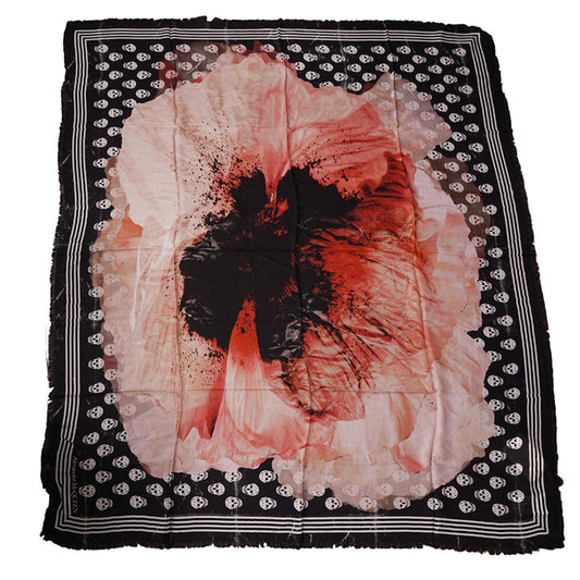 NEW $545 ALEXANDER MCQUEEN Black PAPER BIKER BLOOM SKULL 100% Modal SCARF NWT