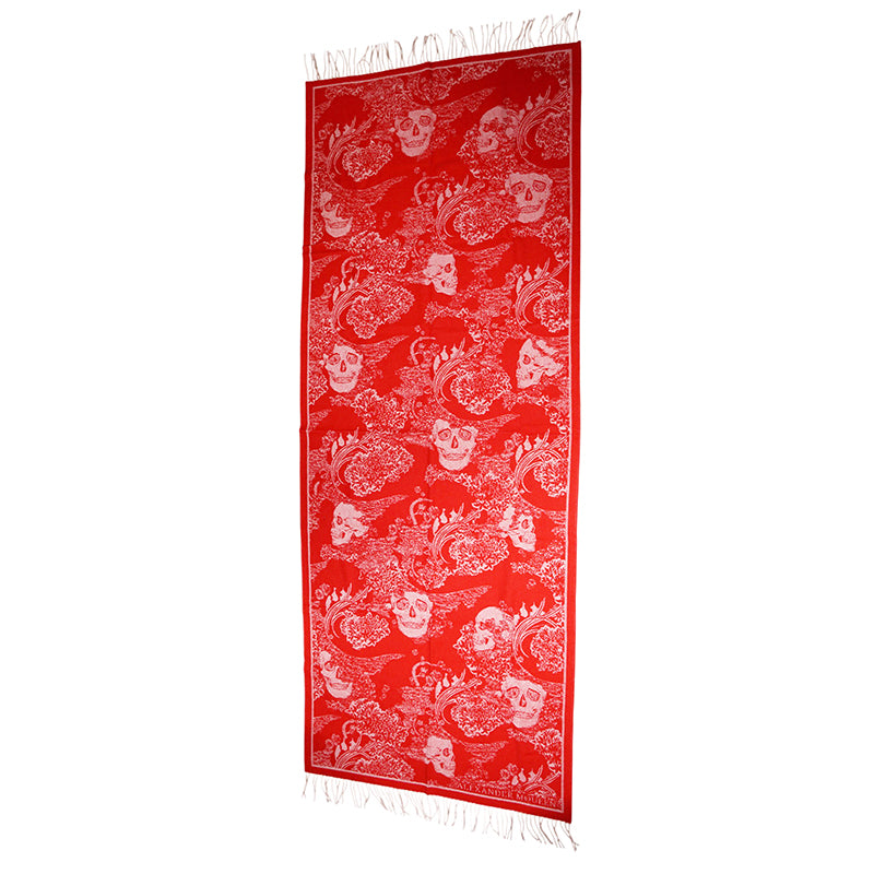 NEW $895 ALEXANDER MCQUEEN Red Ivory DREAMING SKULL WOOL-CASHMERE Knit 84" SCARF