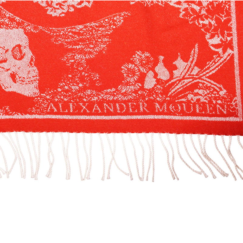 NEW $895 ALEXANDER MCQUEEN Red Ivory DREAMING SKULL WOOL-CASHMERE Knit 84" SCARF