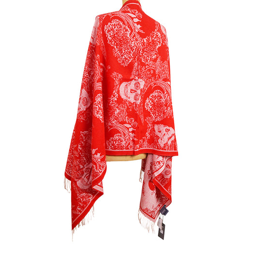 NEW $895 ALEXANDER MCQUEEN Red Ivory DREAMING SKULL WOOL-CASHMERE Knit 84" SCARF