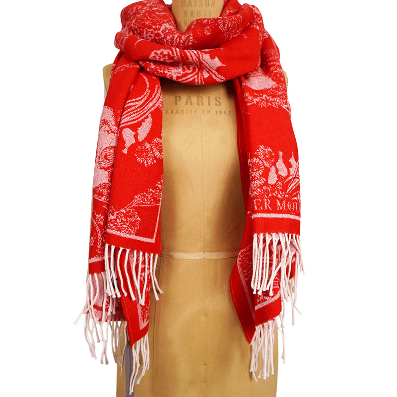 NEW $895 ALEXANDER MCQUEEN Red Ivory DREAMING SKULL WOOL-CASHMERE Knit 84" SCARF
