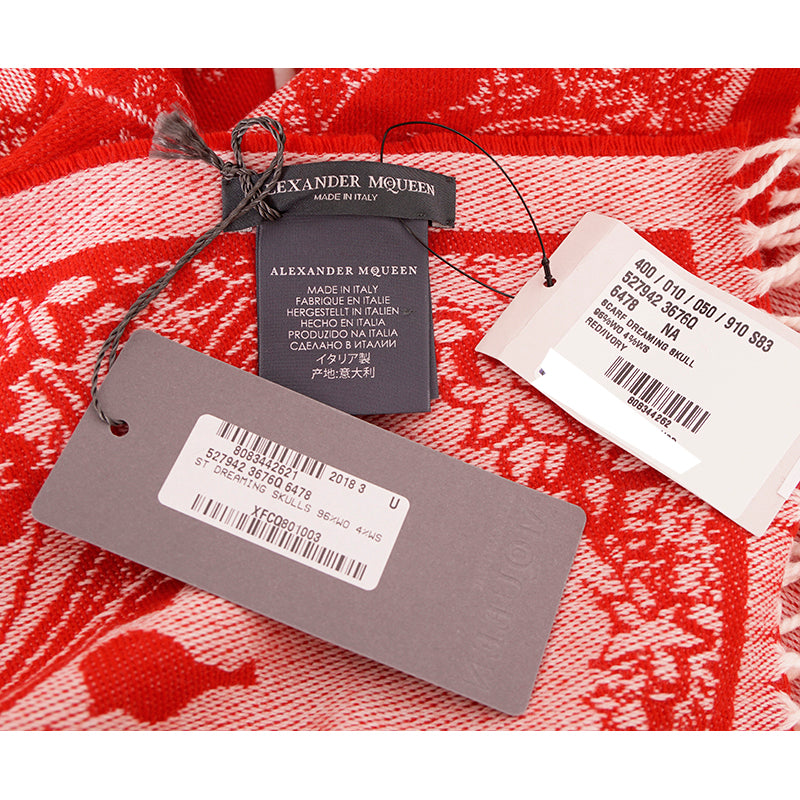 NEW $895 ALEXANDER MCQUEEN Red Ivory DREAMING SKULL WOOL-CASHMERE Knit 84" SCARF