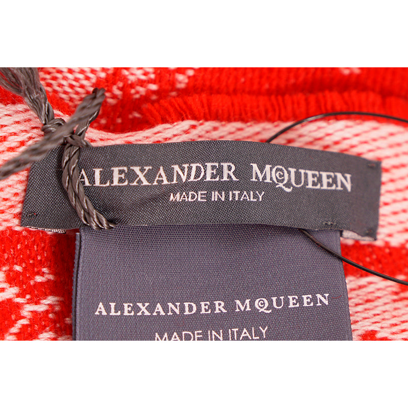 NEW $895 ALEXANDER MCQUEEN Red Ivory DREAMING SKULL WOOL-CASHMERE Knit 84" SCARF