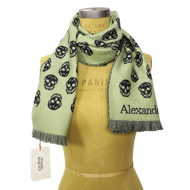 NEW $395 ALEXANDER MCQUEEN 100% Wool Green Reversible SKULL Jacquard Knit SCARF