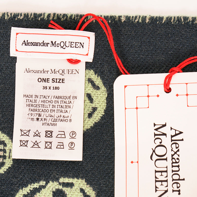 NEW $395 ALEXANDER MCQUEEN 100% Wool Green Reversible SKULL Jacquard Knit SCARF