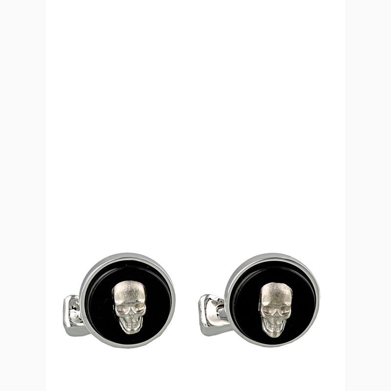 NEW $290 ALEXANDER MCQUEEN Mens Silver Tone Brass GRINNING SKULLS Onyx CUFFLINKS