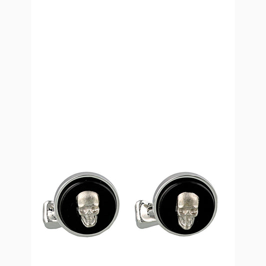 NEW $290 ALEXANDER MCQUEEN Mens Silver Tone Brass GRINNING SKULLS Onyx CUFFLINKS