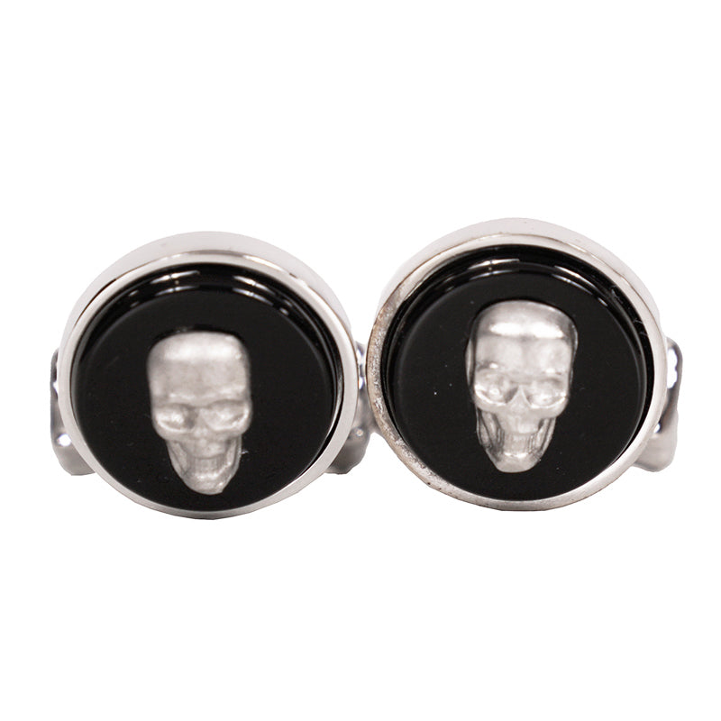 NEW $290 ALEXANDER MCQUEEN Mens Silver Tone Brass GRINNING SKULLS Onyx CUFFLINKS