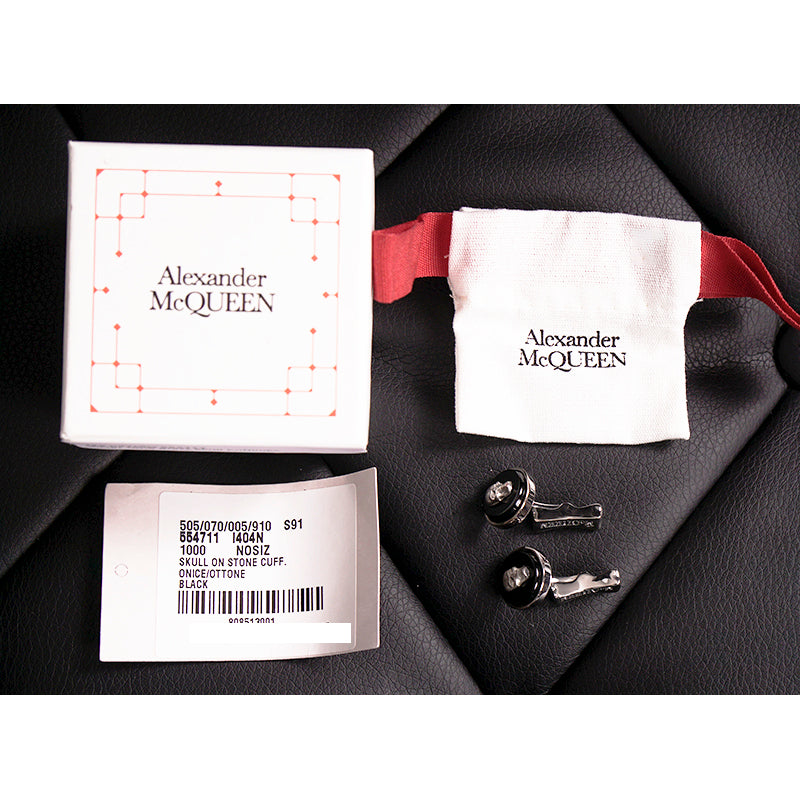 NEW $290 ALEXANDER MCQUEEN Mens Silver Tone Brass GRINNING SKULLS Onyx CUFFLINKS
