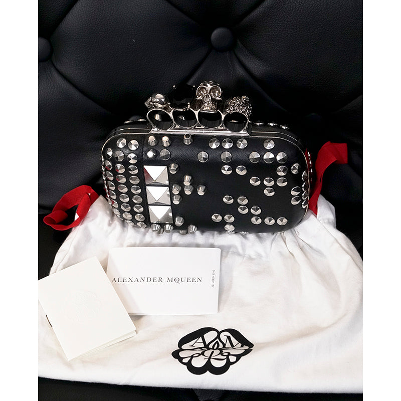 VINTAGE $3,895 ALEXANDER MCQUEEN Black Leather Studded RING KNUCKLE CLUTCH BAG