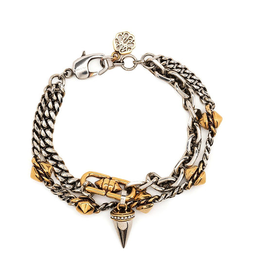 NEW $750 ALEXANDER MCQUEEN Silver Tone Brass SPIKE STUDDED Double Chain BRACELET