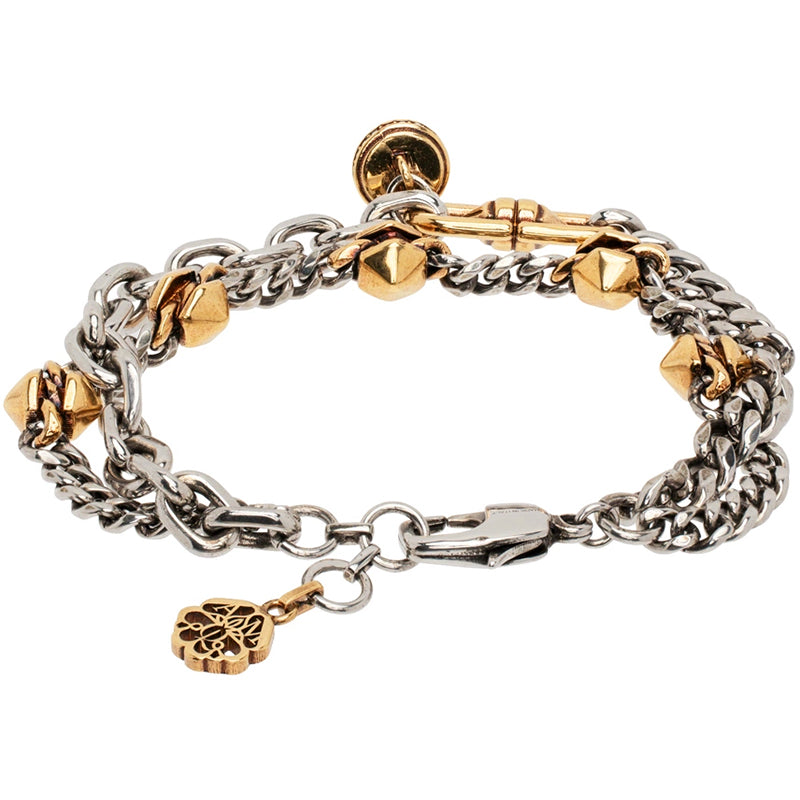 NEW $750 ALEXANDER MCQUEEN Silver Tone Brass SPIKE STUDDED Double Chain BRACELET