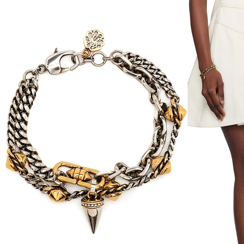 NEW $750 ALEXANDER MCQUEEN Silver Tone Brass SPIKE STUDDED Double Chain BRACELET