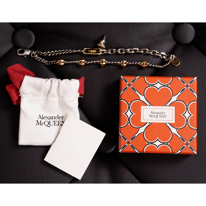 NEW $750 ALEXANDER MCQUEEN Silver Tone Brass SPIKE STUDDED Double Chain BRACELET