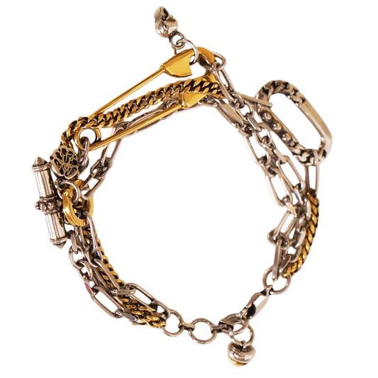 NEW $650 ALEXANDER MCQUEEN Gold & Silver Brass SAFETY PIN SKULL Triple BRACELET