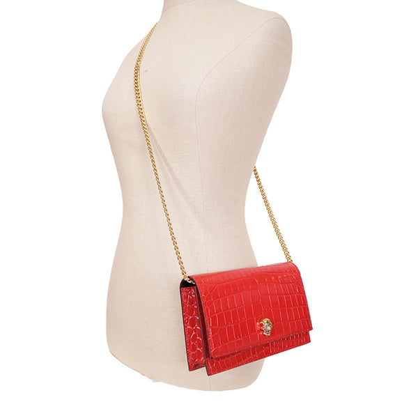 NEW $990 ALEXANDER MCQUEEN Deep Red CROC EMBOSSED Leather GOLD SKULL Chain BAG