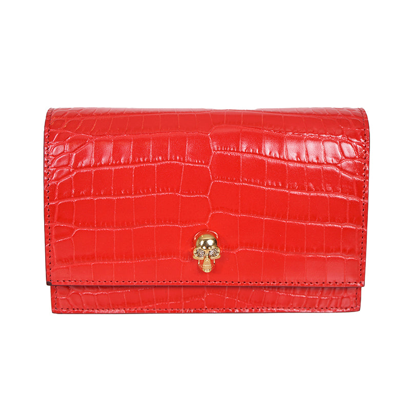 NEW $990 ALEXANDER MCQUEEN Deep Red CROC EMBOSSED Leather GOLD SKULL Chain BAG