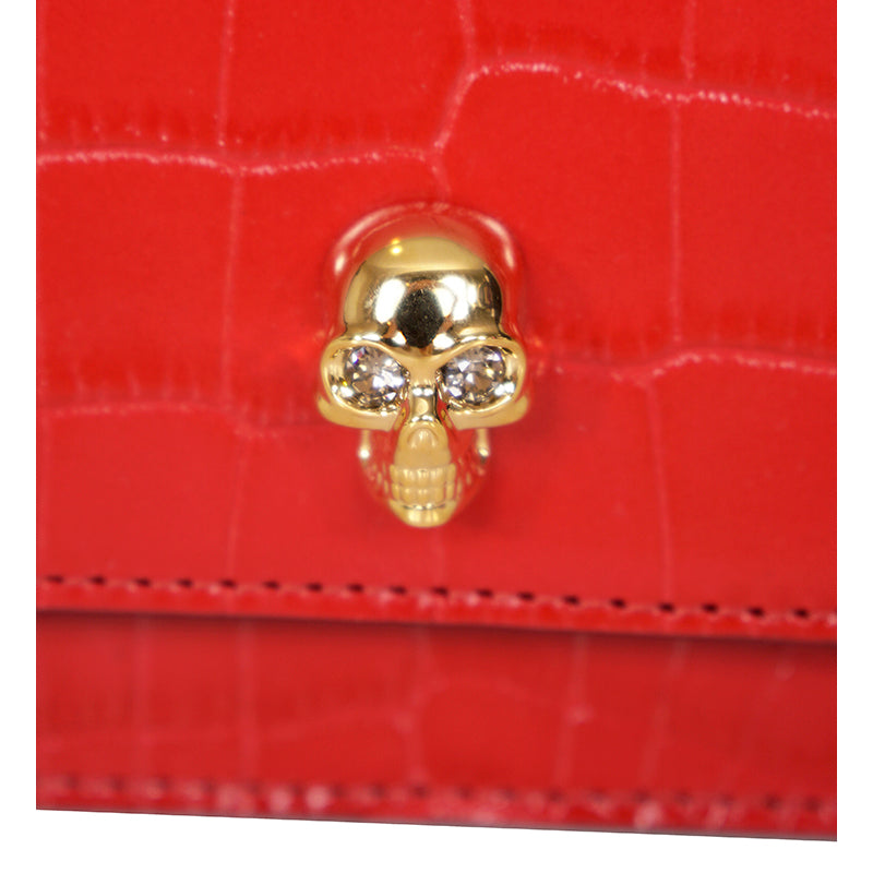 NEW $990 ALEXANDER MCQUEEN Deep Red CROC EMBOSSED Leather GOLD SKULL Chain BAG