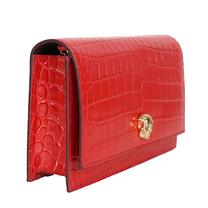 NEW $990 ALEXANDER MCQUEEN Deep Red CROC EMBOSSED Leather GOLD SKULL Chain BAG