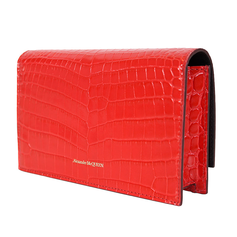 NEW $990 ALEXANDER MCQUEEN Deep Red CROC EMBOSSED Leather GOLD SKULL Chain BAG