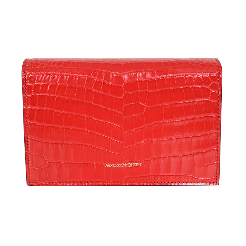NEW $990 ALEXANDER MCQUEEN Deep Red CROC EMBOSSED Leather GOLD SKULL Chain BAG