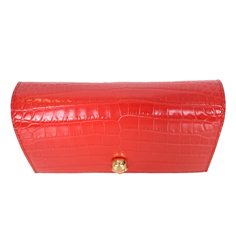 NEW $990 ALEXANDER MCQUEEN Deep Red CROC EMBOSSED Leather GOLD SKULL Chain BAG
