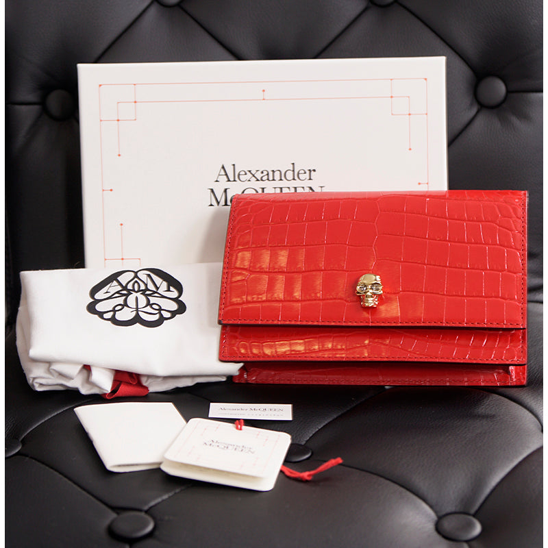 NEW $990 ALEXANDER MCQUEEN Deep Red CROC EMBOSSED Leather GOLD SKULL Chain BAG