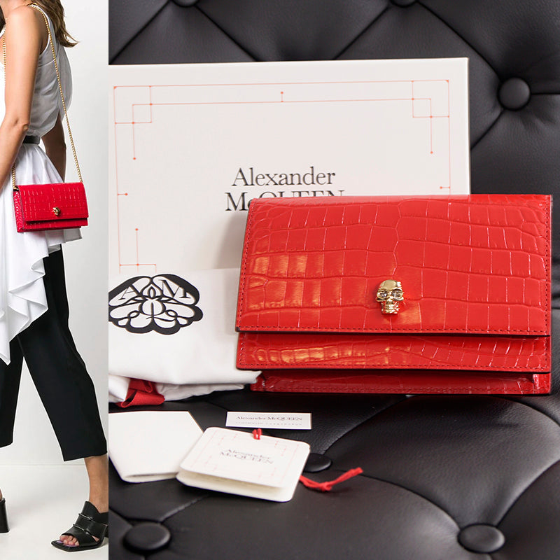 NEW $990 ALEXANDER MCQUEEN Deep Red CROC EMBOSSED Leather GOLD SKULL Chain BAG