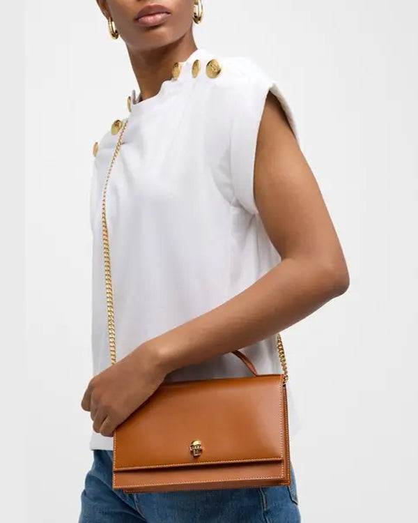 NEW $1,290 ALEXANDER MCQUEEN Caramel Leather SKULL TOP HANDLE BAG & CHAIN STRAP