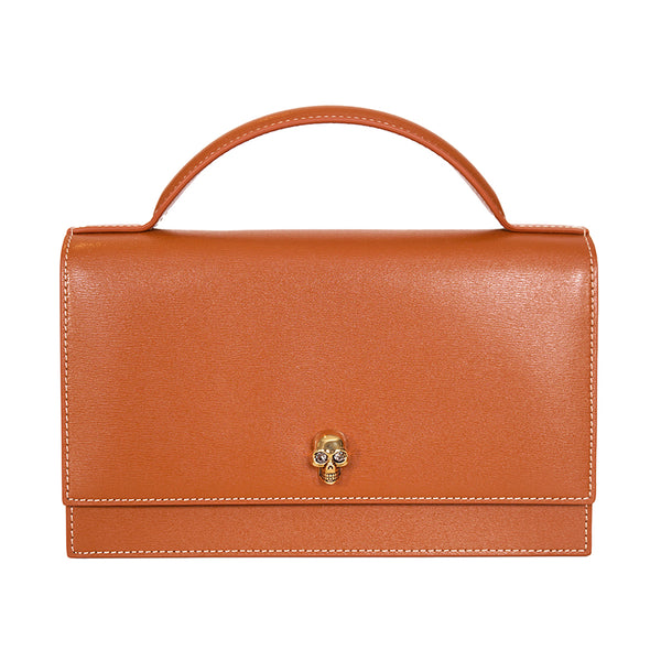 NEW $1,290 ALEXANDER MCQUEEN Caramel Leather SKULL TOP HANDLE BAG & CHAIN STRAP