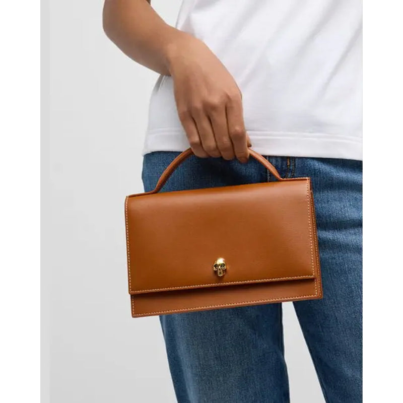 NEW $1,290 ALEXANDER MCQUEEN Caramel Leather SKULL TOP HANDLE BAG & CHAIN STRAP