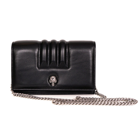 NEW $1290 ALEXANDER MCQUEEN Black Leather MOTORCYCLE RIBBED SKULL Crossbody BAG