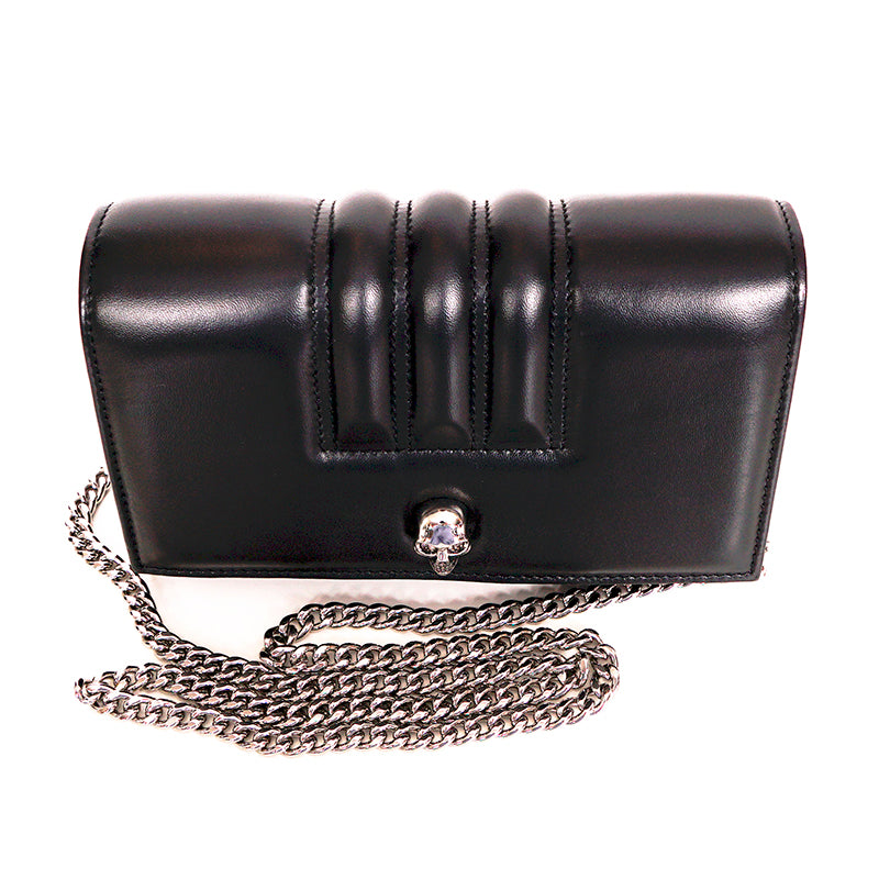 NEW $1290 ALEXANDER MCQUEEN Black Leather MOTORCYCLE RIBBED SKULL Crossbody BAG