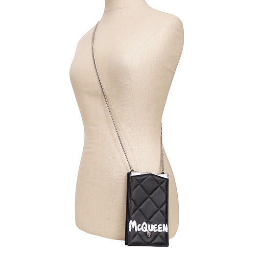 NEW $720 ALEXANDER MCQUEEN Black MINI SKULL GRAFFITI LOGO Leather PHONE CASE BAG
