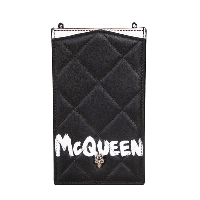 NEW $720 ALEXANDER MCQUEEN Black MINI SKULL GRAFFITI LOGO Leather PHONE CASE BAG